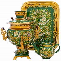 Набор самовар электрический 3л овал с художественной росписью "Хохлома - Ландыши", поднос, заварочный чайник