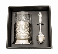 Набор для чая с подстаканником никелированным, хрустальным стаканом и ложкой в сувенирной коробке
