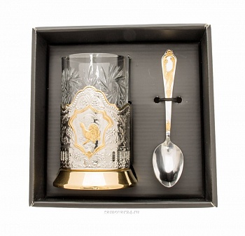 Набор для чая с подстаканником позолоченным, хрустальным стаканом и ложкой в сувенирной коробке