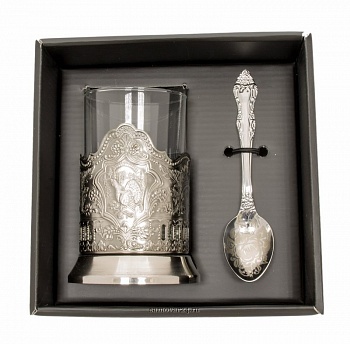 Набор для чая с подстаканником никелированным, тонкостенным стаканом и ложкой в сувенирной коробке