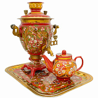 Набор самовар электрический 3л желудь с художественной росписью "Хохлома - Кудрина", поднос, заварочный чайник